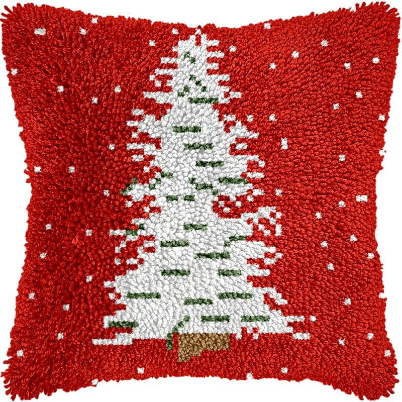 Shiny Christmas Tree Latch Hook Pillow Kits Pillow Cover with Pattern Printed Canvas Sofa Hooking Pillowcase Cushion Crafts Embroidery Latch Hooking Crochet Starter Kits 17x17 inch(1)