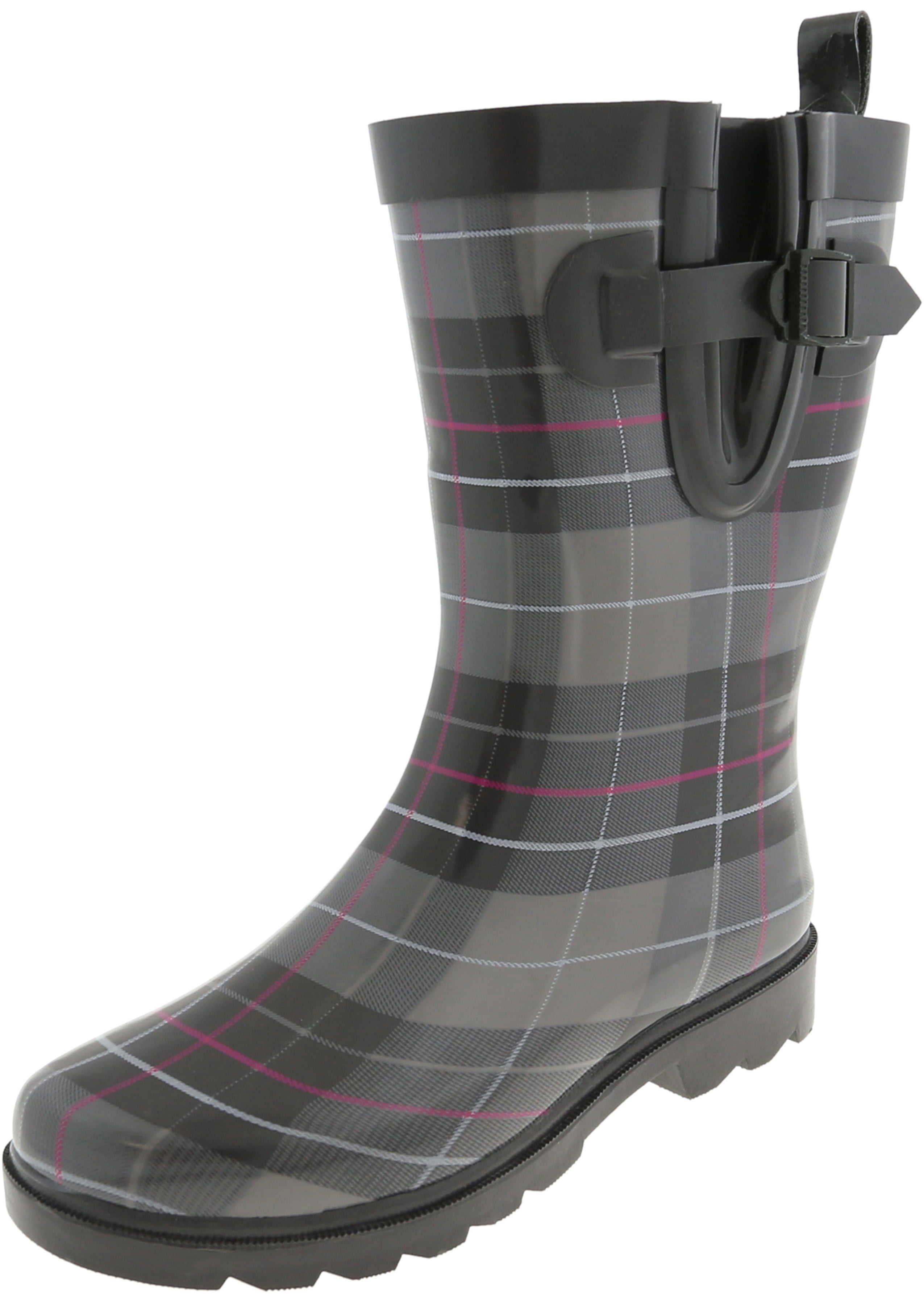 Shiny Classic check Printed Mid Calf Rubber Women Rain Boot