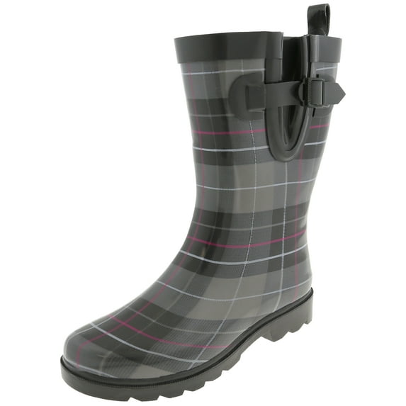 Shiny Classic check Printed Mid Calf Rubber Women Rain Boot