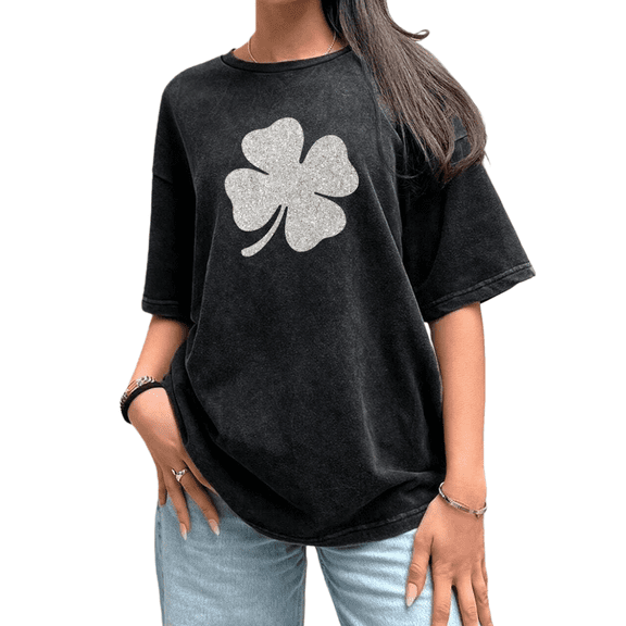 Shiny Clover Pattern Wash Print T-shirt Graphic Tees St Patrick’s Festival Shirts Black Loose Fit S-2XL Party Tops