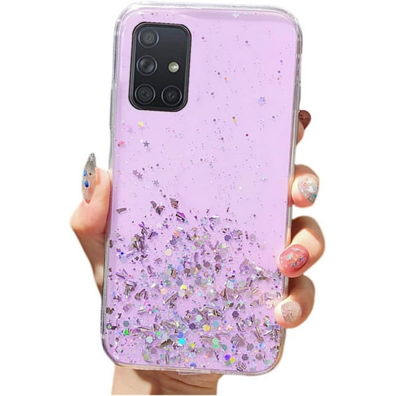 Shiny Comfortable Slim Clear Soft TPU Phone Case for Samsung Galaxy A21S A41 A51 A71 A81 A91 4G 5G Cover Fashion Popular Glitter Personalized Dropproof Bumper(Purple,A91)