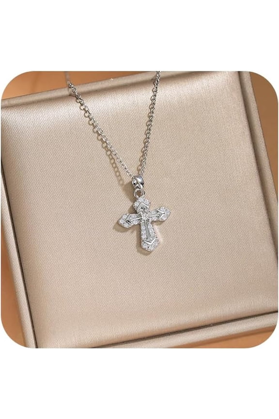 Shiny Cross Pendant Necklace for Women 14K Gold/Silver Plated Cubic Zirconia Simulated Diamond Small Cross Charm Simple Cute Choker Plated Necklaces Fashion Gothic Trendy Religious Jewelry (Silver)
