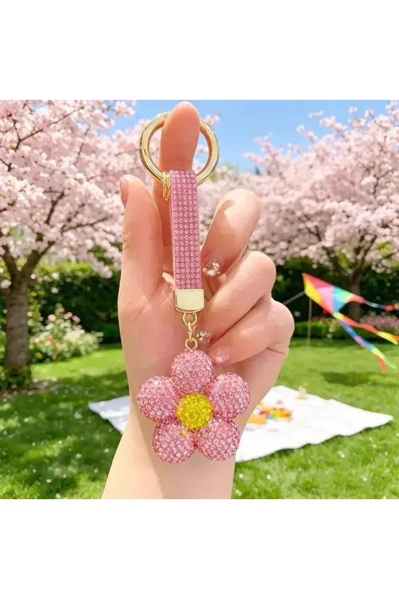 Shiny Crystal Floral Key Ring, Bling Rhinestone Flower Pendant, Trendy Accessory for Ladies