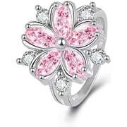 Shiny Crystal Flower Statement Ring for Women Sterling Silver Plated Elegant Bling CZ Delicate Lightweight Adjustable Expandable Open Wrap Finger Rings Comfort Fit Jewelry Wedding Engagement