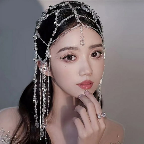 Shiny Crystal Head Chain Long Tassel Beaded Headpiece Silver Wedding Layered Forehead Hair Chain Sparkle Rhinestone Bridal Headband for Women Girls Fairy Prom Party Roaring Hair Accessories