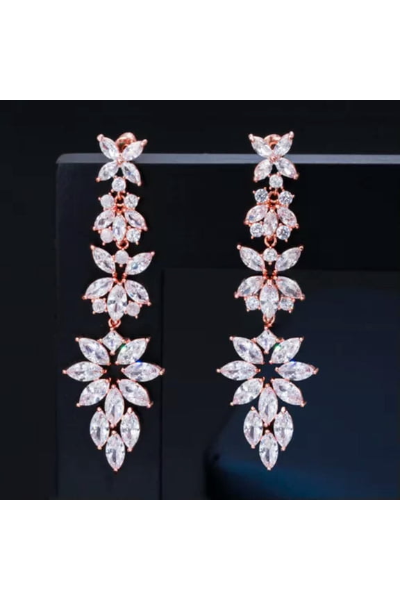 Shiny Cubic Zircon Austrian Crystal Long Gold Plated Leaf Flower Dangle Earrings