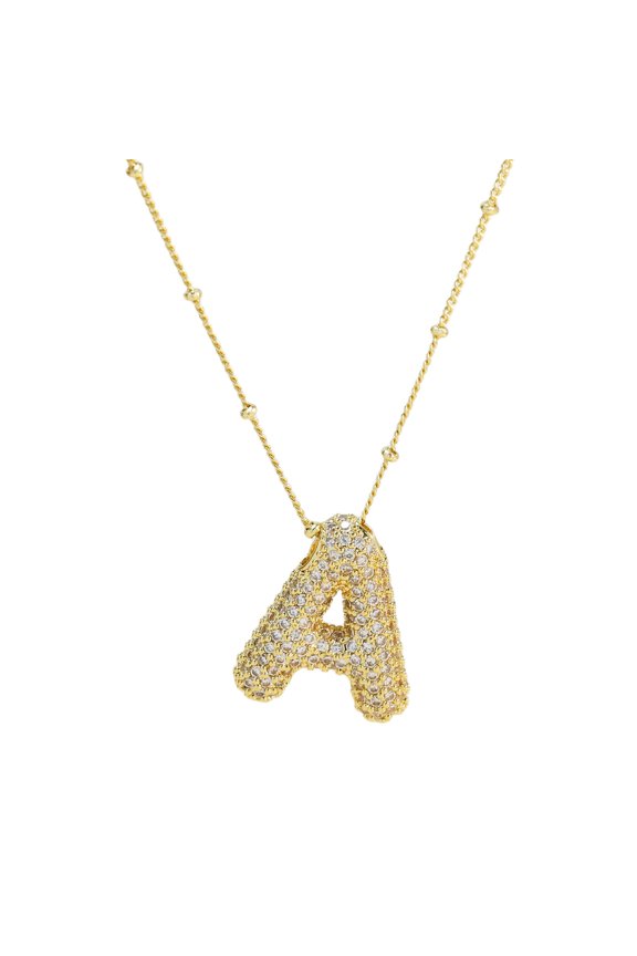 Shiny Cubic Zirconia Alphabet 26 A-Z,Puffy Name,Letter Necklace,Personalized Monogram Necklace,Balloon Initial Necklace Gifts for Women 18K Gold Plated Jewelry.