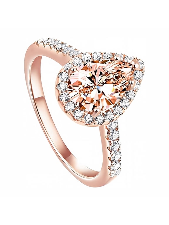 Shiny Cubic Zirconia Ring Gold Plated Ring Classic Champagne Pear-Shaped Rings for Women Birthday Present (US Code 8)