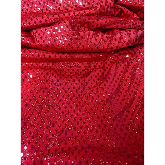 Shiny Diamond Faux Sequins & Glitter Waves on Stretch Lightweight Polyester Spandex Fabric by The Yard (Red)