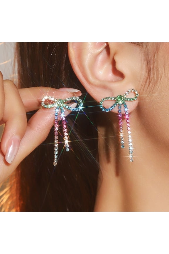 Shiny Diamond Studded Elegant Trendy Bow Tassel Earrings for Women Christmas Present