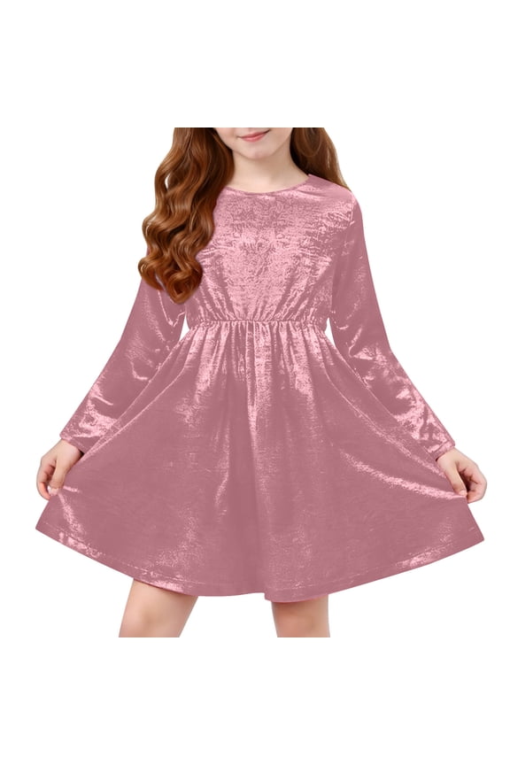 Shiny Dress for Little Big Girl 4-12 Years Long Sleeve Christmas A-Line Dress Party Short Gown Holiday Clothes (9 Years, Pink)