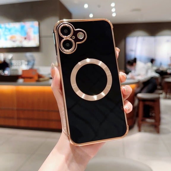 Shiny Electroplated Magnetic Case For iPhone 16, All-around Camera Lens Protector Slim Soft Silicone Shockproof Bumper Cover with Magnetic Wireless Charging for Women Girls,Black