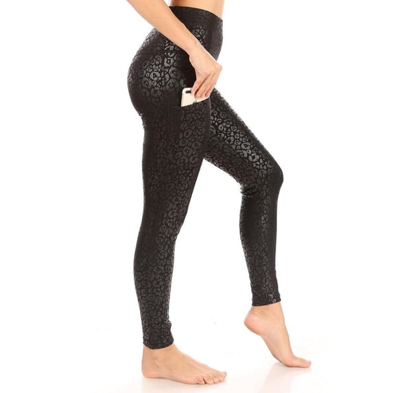 Shiny Embossed Print High Waist Tummy Control Sports Leggings With Pockets - Black Leopard