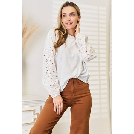 Shiny Eyelet Dropped Shoulder Round Neck Blouse