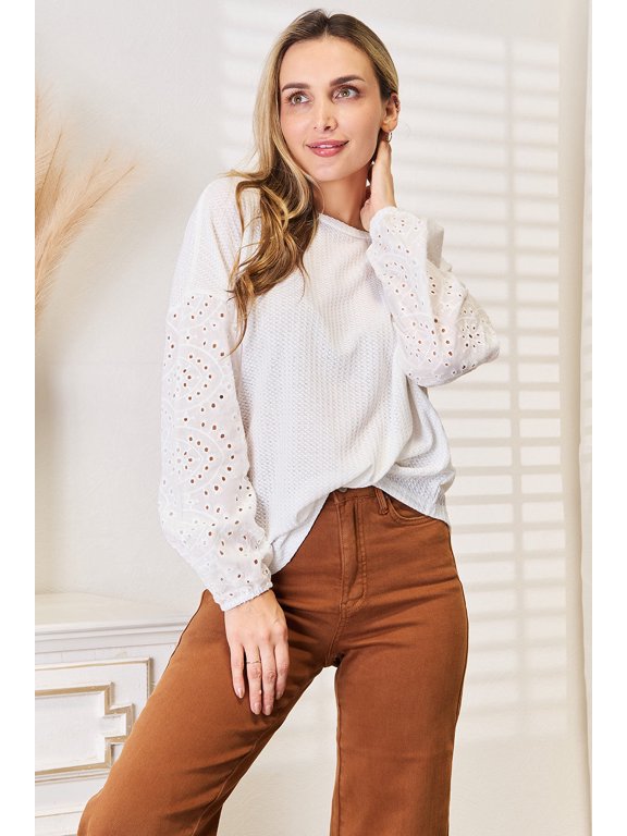 Shiny Eyelet Dropped Shoulder Round Neck Blouse