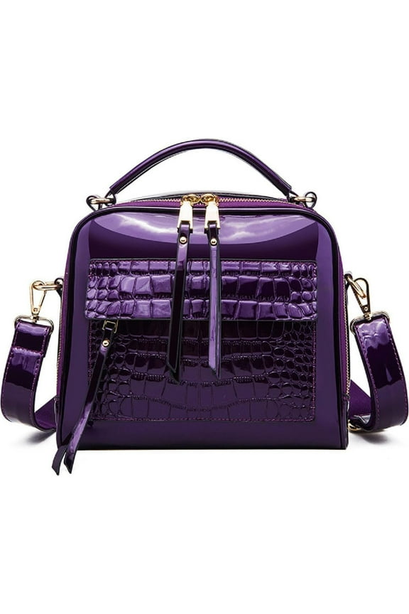 Shiny Faux Leather Handbags Double Zipper Top Handle Purse Satchel Bag Crocodile Pattern Shoulder Bag for Women