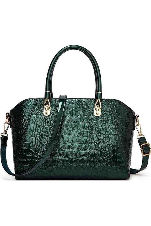 Shiny Faux Leather Handbags Double Zipper Top Handle Purse Satchel Bag Crocodile Pattern Shoulder Bag for Women
