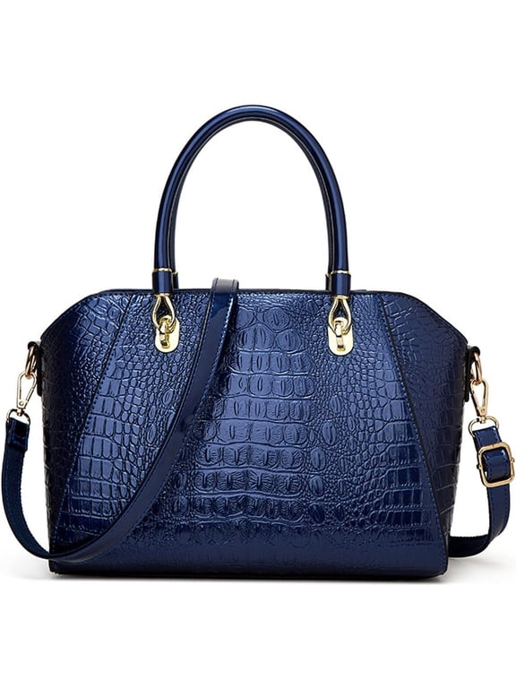 Shiny Faux Leather Handbags Double Zipper Top Handle Purse Satchel Bag Crocodile Pattern Shoulder Bag for Women