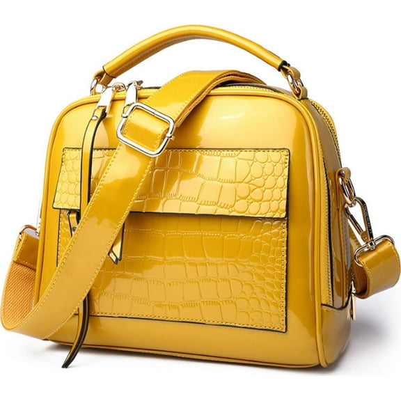 Shiny Faux Leather Handbags Double Zipper Top Handle Purse Satchel Bag Crocodile Pattern Shoulder Bag for Women