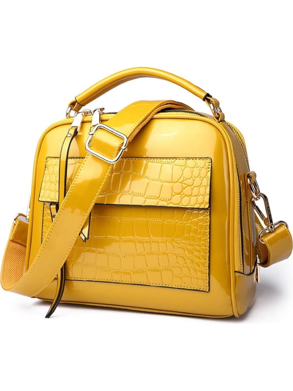 Shiny Faux Leather Handbags Double Zipper Top Handle Purse Satchel Bag Crocodile Pattern Shoulder Bag for Women