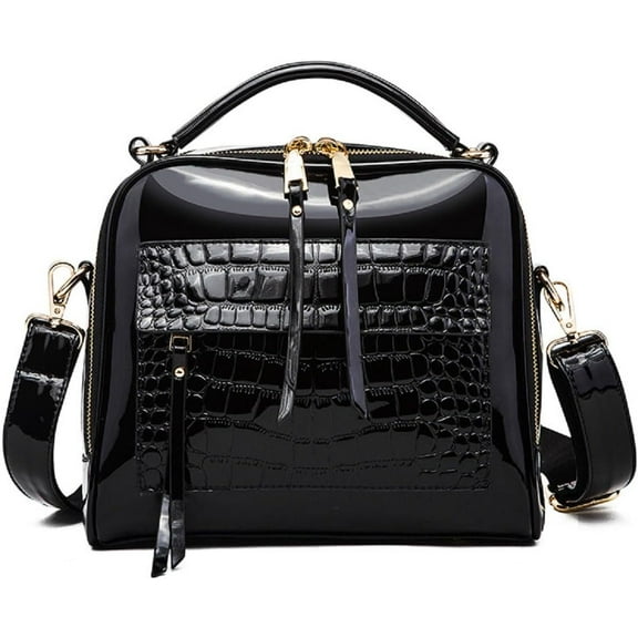 Shiny Faux Leather Handbags Double Zipper Top Handle Purse Satchel Bag Crocodile Pattern Shoulder Bag for Women