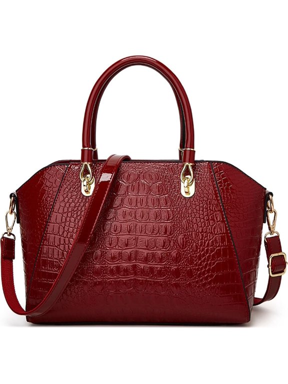 Shiny Faux Leather Handbags Double Zipper Top Handle Purse Satchel Bag Crocodile Pattern Shoulder Bag for Women