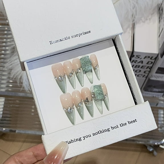 Shiny French Tip Crystal Handmade Press on Nails for Women Wedding Elegant Classy Long Stiletto Light Green Fake Nails