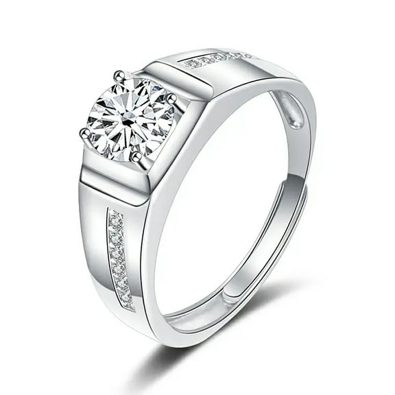 Shiny Full Diamond Ring Round Cut Cubic Zirconia Promise Ring Wedding Ring for Men Silver Ring Eternity Platinum Simulate Adjustable Ring