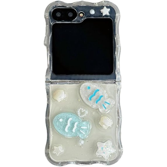 Shiny Glitter Case for Samsung Galaxy Z Flip 6 (2024),Cute Beautiful Sea Shell Fish Pattern Design Phone Protective Cover with Pearl Wrist Chain for Girls Women (No Chain)