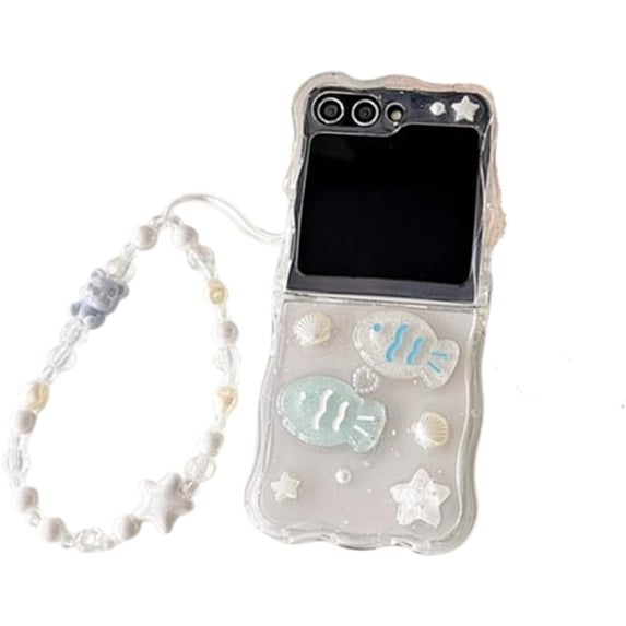 Shiny Glitter Case for Samsung Galaxy Z Flip 6 (2024),Cute Beautiful Sea Shell Fish Pattern Design Phone Protective Cover with Pearl Wrist Chain for Girls Women (with Chain)