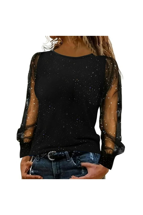 Shiny Glitter Mesh Tops Bling Blouse for Party Lace Dressy Shirt Glitter Tunic Tops Sparkly Tops Off Shoulder Tees Going Out Blouses Outfits for Women Loose Flowy Shirts Tops for Women Black 4XL