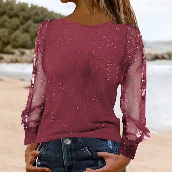 Shiny Glitter Mesh Tops Glitter Tunic Tops Shirts for Women Going Out Blouses Loose Flowy Shirts Sparkly V Neck Shirts T-Shirt Splice Sparkly Dressy Shirts Women's Sequin Blouses Brown XXL