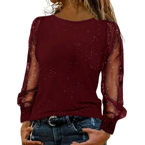 Shiny Glitter Mesh Tops Loose Flowy Shirts Sparkly V Neck Shirts Crew Neck Tshirts Glitter Tunic Tops Sparkly Tops Transparent Long Sleeve Crewneck Casual Bling Blouse Shirts for Women Red XXL