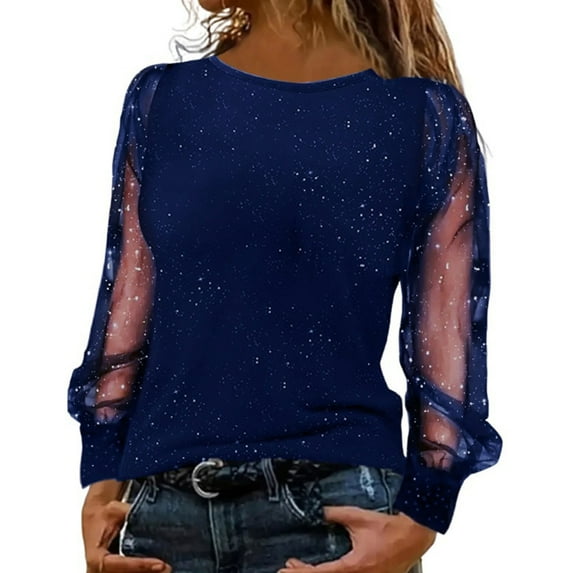 Shiny Glitter Mesh Tops Loose Flowy Shirts Sparkly V Neck Shirts Shirts for Women Splice Sparkly Dressy Shirts Shiny Sequin Shirts Lace Dressy Shirt Going Out Blouses Crew Neck Tshirts Blue 4XL