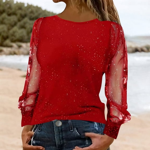 Shiny Glitter Mesh Tops Pullover Tops Shirts for Women Sparkly V Neck Shirts Going Out Blouses Crewneck Casual Bling Blouse Fall Casual Shirts Glitter Tunic Tops Sparkly Tops T-Shirt Red XXL
