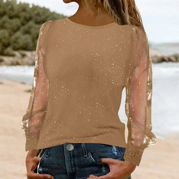 Shiny Glitter Mesh Tops Off Shoulder Tees Sparkly V Neck Shirts Going Out Blouses Tops for Women Sparkly Tops Glitter Tunic Tops New Years Eve Party Outfits T-Shirt Shiny Sequin Shirts Khaki L