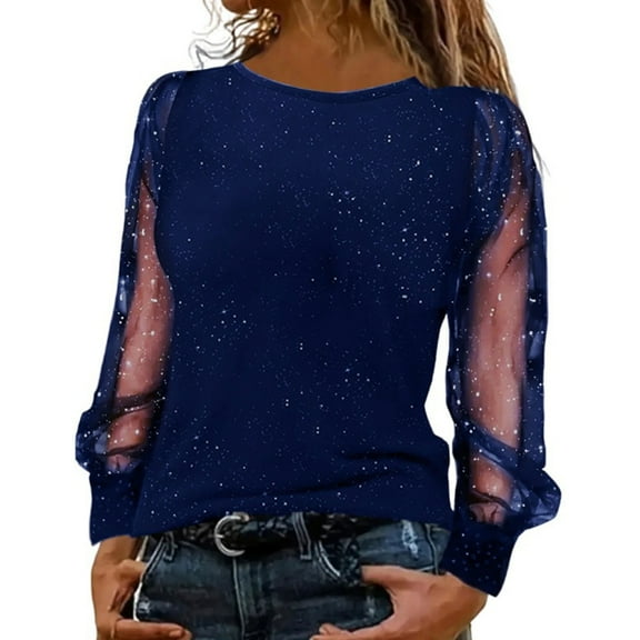 Shiny Glitter Mesh Tops Transparent Long Sleeve Shirts for Women Glitter Tunic Tops Women's Sequin Blouses Off Shoulder Tees Loose Flowy Shirts Shiny Sequin Shirts Fall Casual Shirts Blue XL