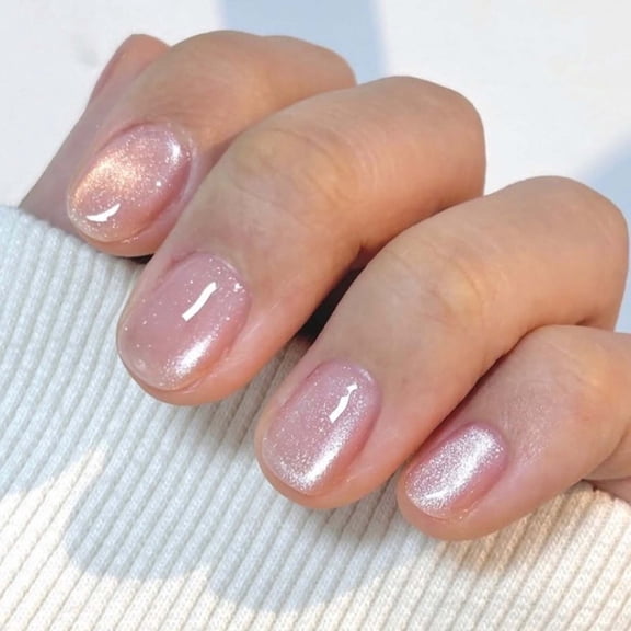 Shiny Glitter Press on Nails Short Square Fake Nails with Cat-Eyes Designs Bling Nails Press on Nails Nude False Nails Glossy Spring Nails Reusable Summer Nails for Women Girls Daily Manicure 24PCS