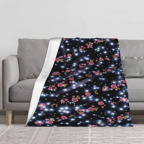 Shiny Glitter Star Pink Rose Flannel Throw Blanket,Black Base Sparkling Starry Floral Print Soft Cozy Lightweight Blanket for Sofa Bedroom Dorm, Romantic Gift for Girls Women Multiple Sizes Available