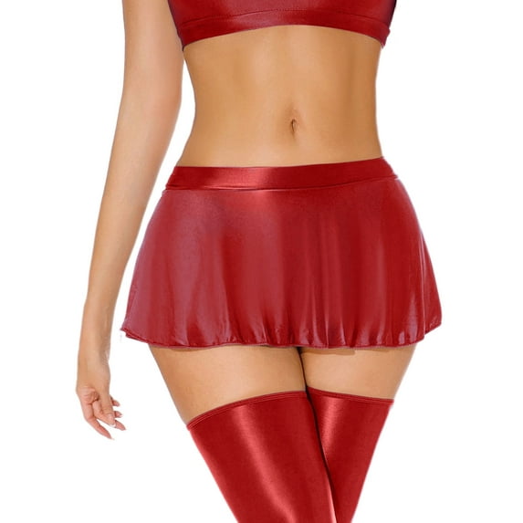 Shiny Glossy Skirt for Women Low Rise Oil Sheer Miniskirt Ruffled Flirty Ultrashort Mini Skirts Solid Color Seamless Pleated Short Skirt for Club Party Valentine's Day