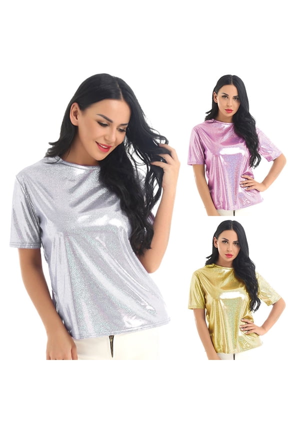 Shiny Glossy T Shirts for Women Solid Color Turtleneck Short Sleeve Tee Summer Top Gold M