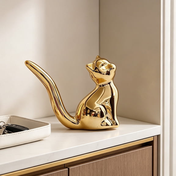 Shiny Gold Cat Ceramic Figurine, Modern Abstract Animal Statue for Home & Office Decor