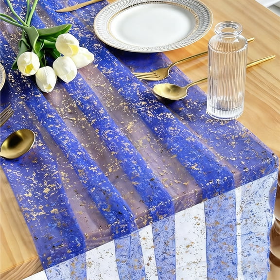 Shiny Gold Foil Embossed Table Runner Chiffon Glittering Sheer Tablecloth for Wedding Reception Anniversary and Gala Dinner Party Decoration, Blue 28x120 Inch