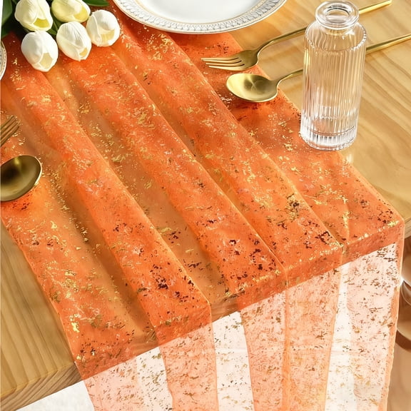 Shiny Gold Foil Embossed Table Runner Chiffon Glittering Sheer Tablecloth for Wedding Reception Anniversary and Gala Dinner Party Decoration, Orange 28x120 Inch