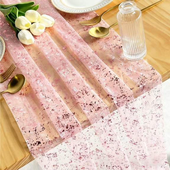 Shiny Gold Foil Embossed Table Runner Chiffon Glittering Sheer Tablecloth for Wedding Reception Anniversary and Gala Dinner Party Decoration, Pink 28x120 Inch