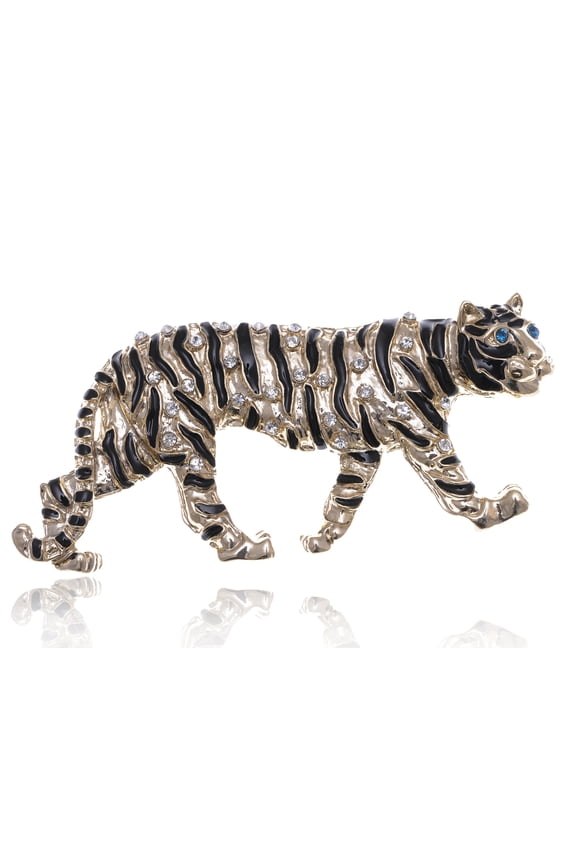 Shiny Gold Tone Clear Crystal Rhinestone Stripe Predator Tiger Cat Pin Brooch