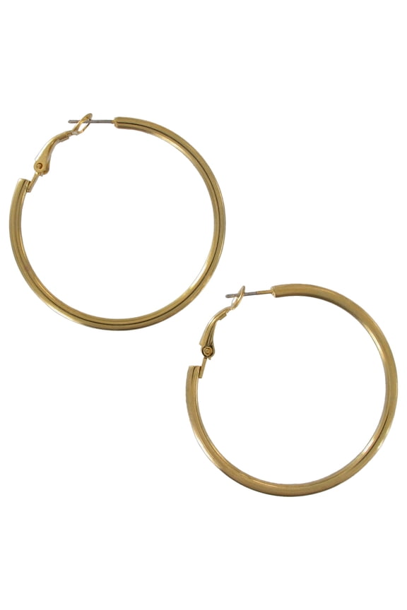 Shiny Gold Tone Solid Hoop Latch Back Earrings 1 11/16" Ladies Adult Female Women