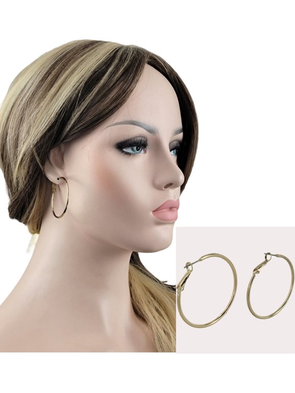 Shiny Gold Tone Wire Hoop Pierced Earrings 1.75 in