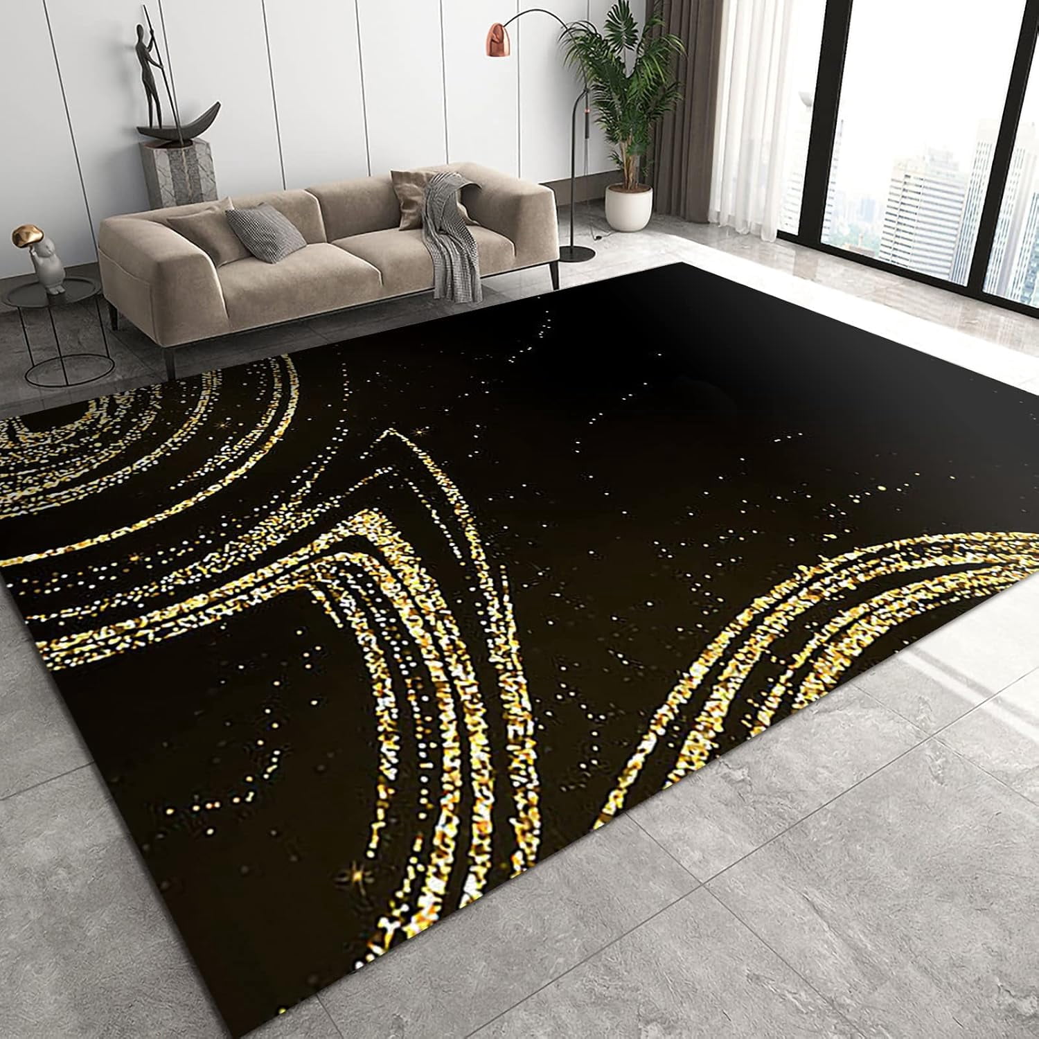 Shiny Golden Line Area Rugs, Simple Black Background Carpet, Bathroom ...