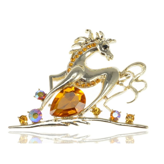 Shiny Golden Tone Synthetic Topaz Clear Crystal Rhinestone Running Horse Animal Pin Brooch